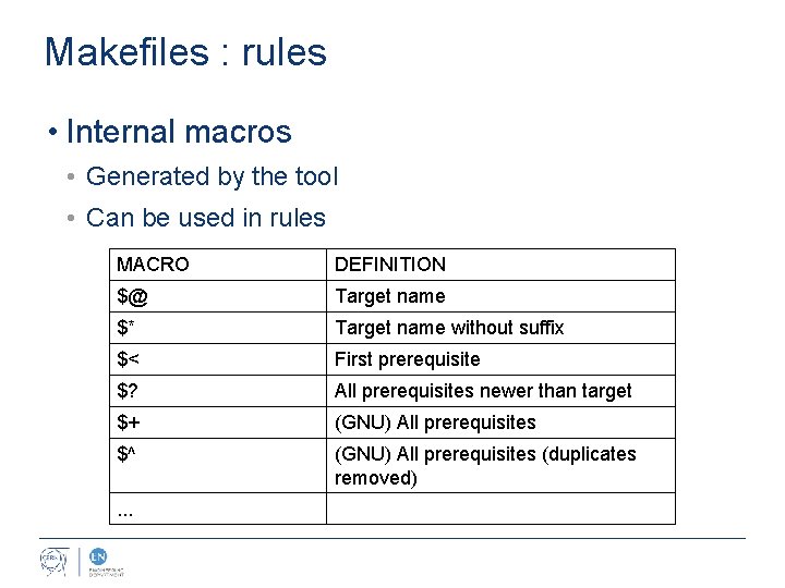 Makefiles : rules • Internal macros • Generated by the tool • Can be
