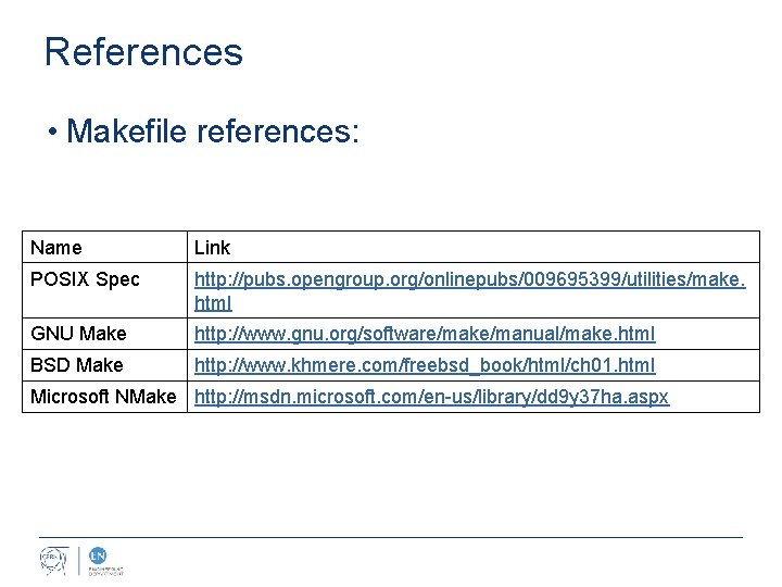 References • Makefile references: Name Link POSIX Spec http: //pubs. opengroup. org/onlinepubs/009695399/utilities/make. html GNU