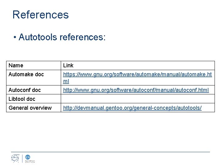 References • Autotools references: Name Link Automake doc https: //www. gnu. org/software/automake/manual/automake. ht ml