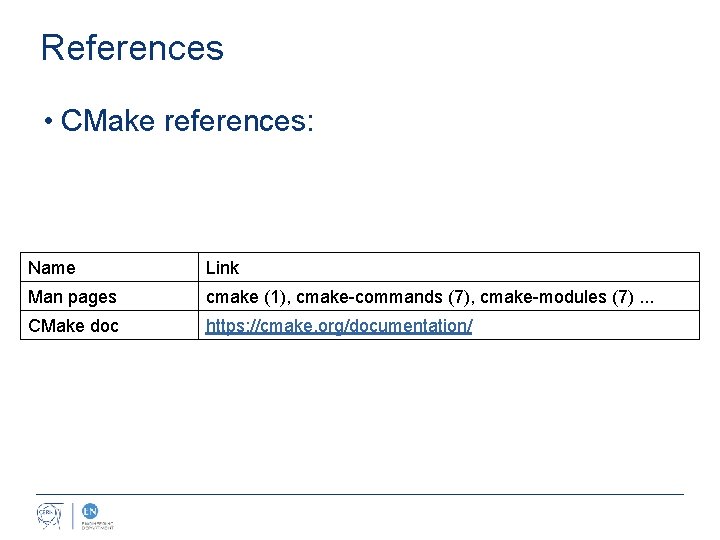 References • CMake references: Name Link Man pages cmake (1), cmake-commands (7), cmake-modules (7).