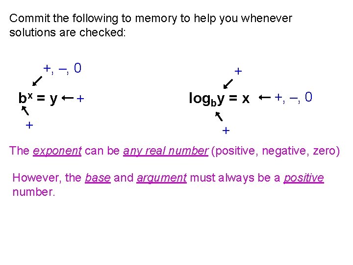 Commit the following to memory to help you whenever solutions are checked: +, –,