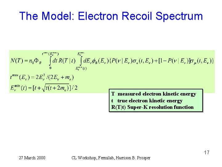 The Model: Electron Recoil Spectrum T measured electron kinetic energy t true electron kinetic