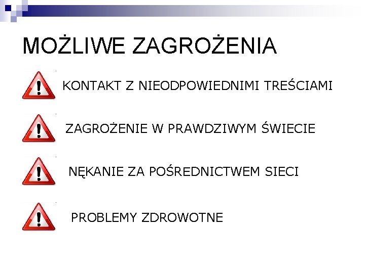 MOŻLIWE ZAGROŻENIA KONTAKT Z NIEODPOWIEDNIMI TREŚCIAMI ZAGROŻENIE W PRAWDZIWYM ŚWIECIE NĘKANIE ZA POŚREDNICTWEM SIECI