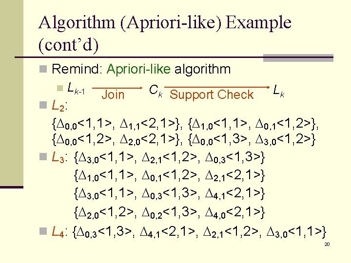 Algorithm (Apriori-like) Example (cont’d) n Remind: Apriori-like algorithm n Lk-1 Ck Support Check Join