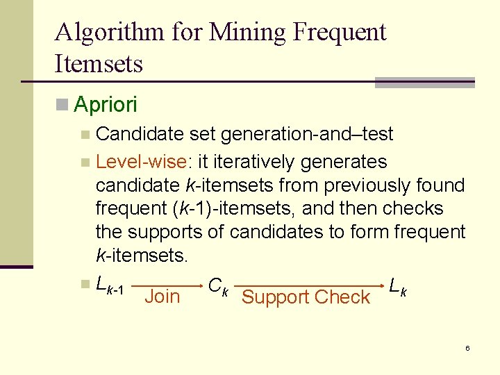 Algorithm for Mining Frequent Itemsets n Apriori n Candidate set generation-and–test n Level-wise: it