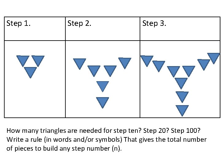 Step 1. Step 2. Step 3. How many triangles are needed for step ten?
