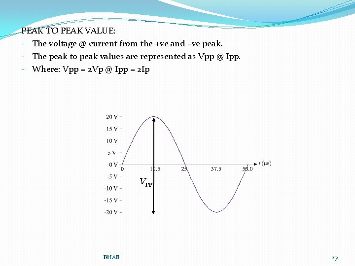 PEAK TO PEAK VALUE: - The voltage @ current from the +ve and –ve