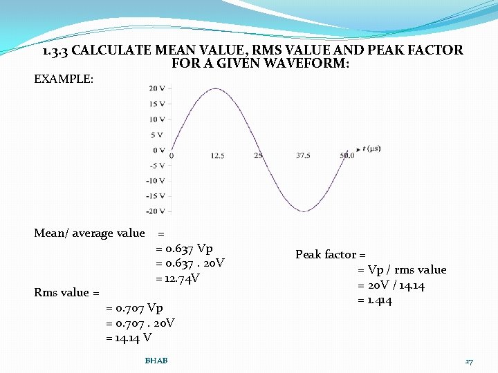 1. 3. 3 CALCULATE MEAN VALUE, RMS VALUE AND PEAK FACTOR FOR A GIVEN