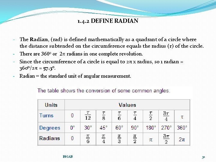 1. 4. 2 DEFINE RADIAN - The Radian, (rad) is defined mathematically as a