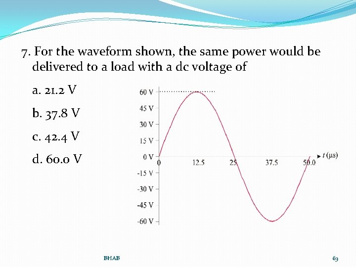 7. For the waveform shown, the same power would be delivered to a load