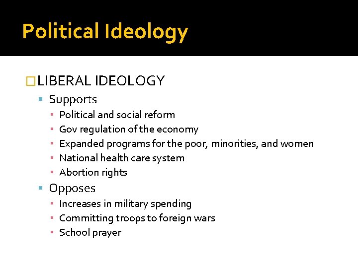 Political Ideology �LIBERAL IDEOLOGY Supports ▪ ▪ ▪ Political and social reform Gov regulation