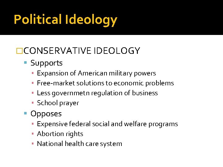 Political Ideology �CONSERVATIVE IDEOLOGY Supports ▪ ▪ Expansion of American military powers Free-market solutions