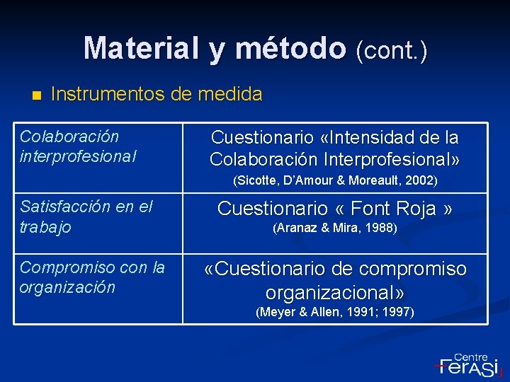 Material y método (cont. ) n Instrumentos de medida Colaboración interprofesional Cuestionario «Intensidad de