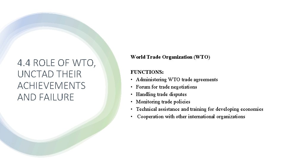 4. 4 ROLE OF WTO, UNCTAD THEIR ACHIEVEMENTS AND FAILURE World Trade Organization (WTO)