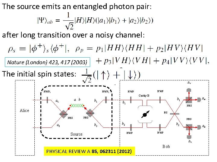 The source emits an entangled photon pair: after long transition over a noisy channel: