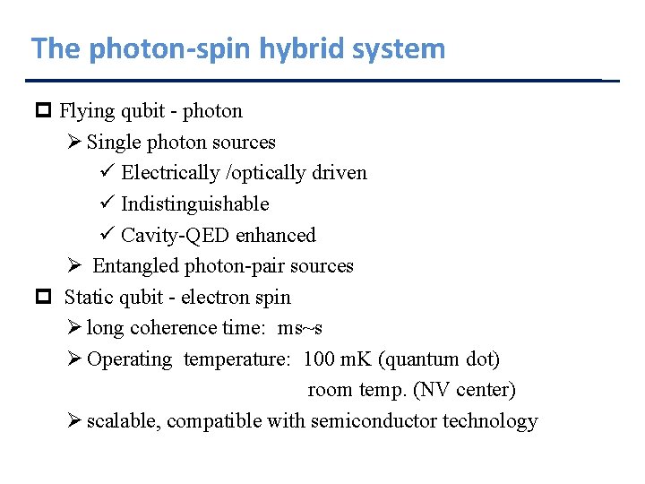The photon-spin hybrid system p Flying qubit - photon Ø Single photon sources ü