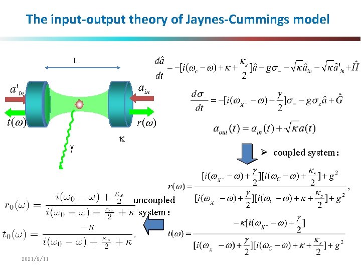 The input-output theory of Jaynes-Cummings model L g g k Ø coupled system： uncoupled