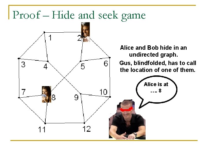 Proof – Hide and seek game Alice and Bob hide in an undirected graph.