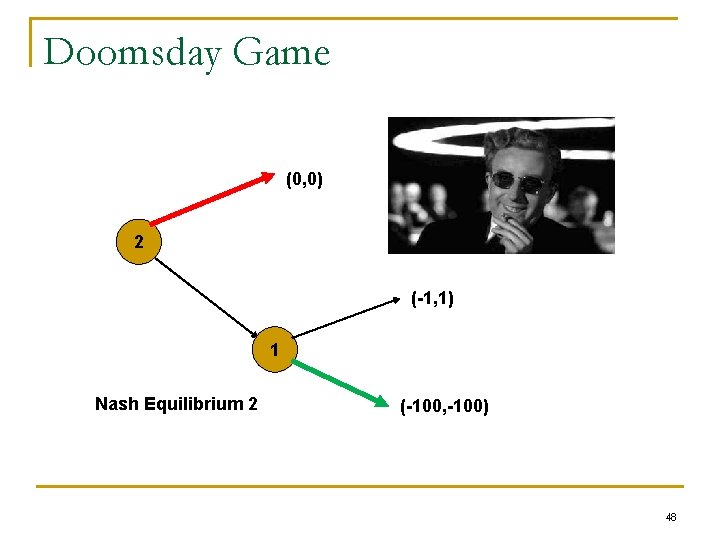 Doomsday Game (0, 0) 2 (-1, 1) 1 Nash Equilibrium 2 (-100, -100) 48