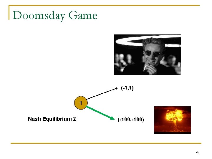 Doomsday Game (-1, 1) 1 Nash Equilibrium 2 (-100, -100) 49 