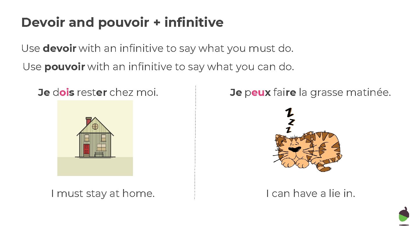 Devoir and pouvoir + infinitive Use devoir with an infinitive to say what you