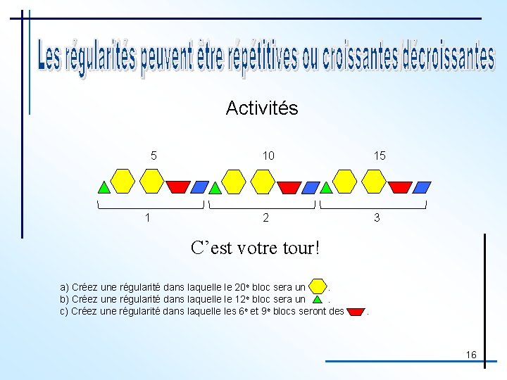 Activités 5 1 10 15 2 3 C’est votre tour! a) Créez une régularité