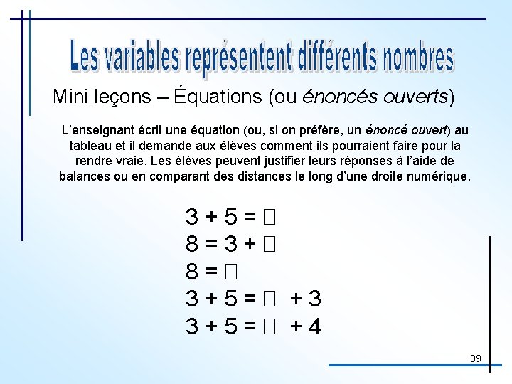 Mini leçons – Équations (ou énoncés ouverts) L’enseignant écrit une équation (ou, si on