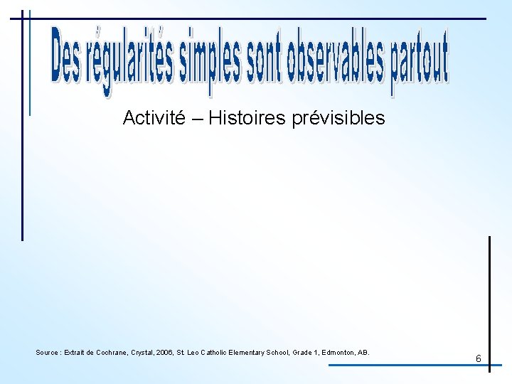 Activité – Histoires prévisibles Source : Extrait de Cochrane, Crystal, 2006, St. Leo Catholic