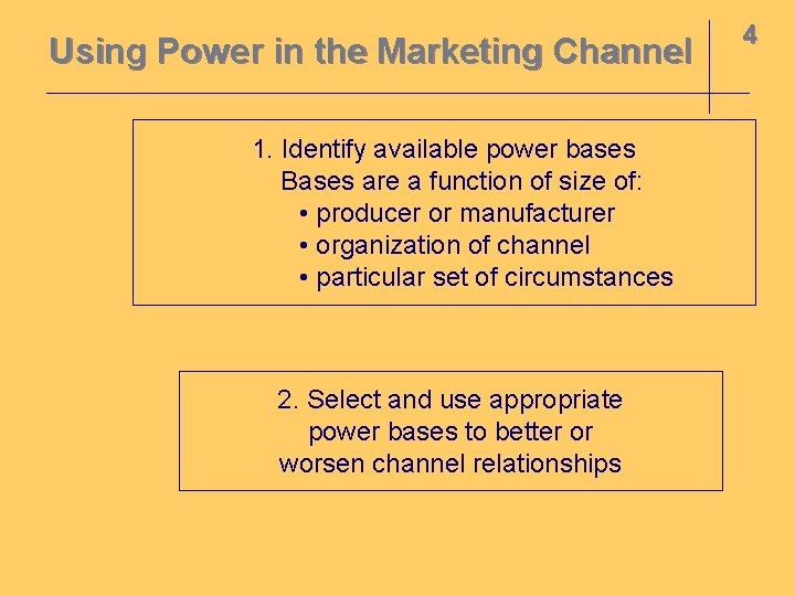 Using Power in the Marketing Channel 1. Identify available power bases Bases are a
