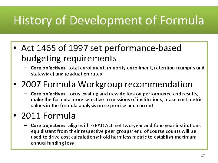 History of Development of Formula • Act 1465 of 1997 set performance-based budgeting requirements