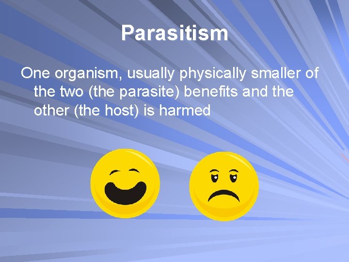 Parasitism One organism, usually physically smaller of the two (the parasite) benefits and the