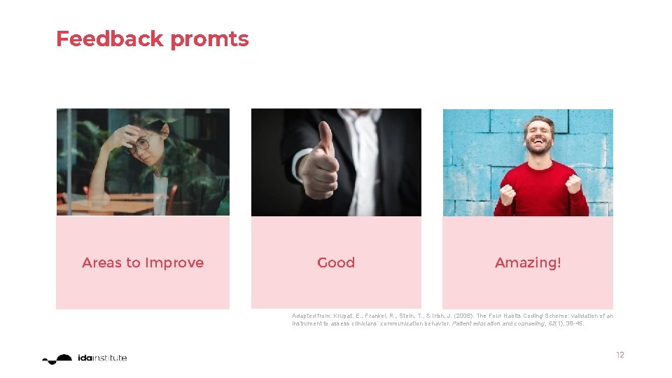 Feedback promts Areas to Improve Good Amazing! Adapted from: Krupat, E. , Frankel, R.