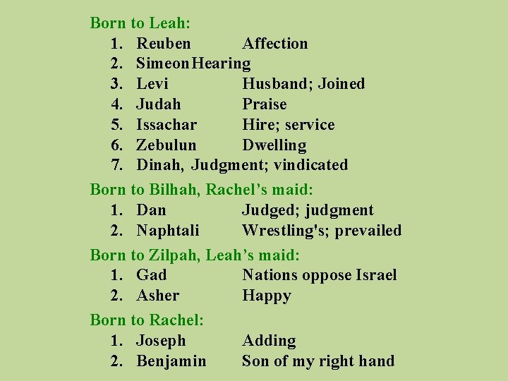 Born to Leah: 1. Reuben Affection 2. Simeon. Hearing 3. Levi Husband; Joined 4.