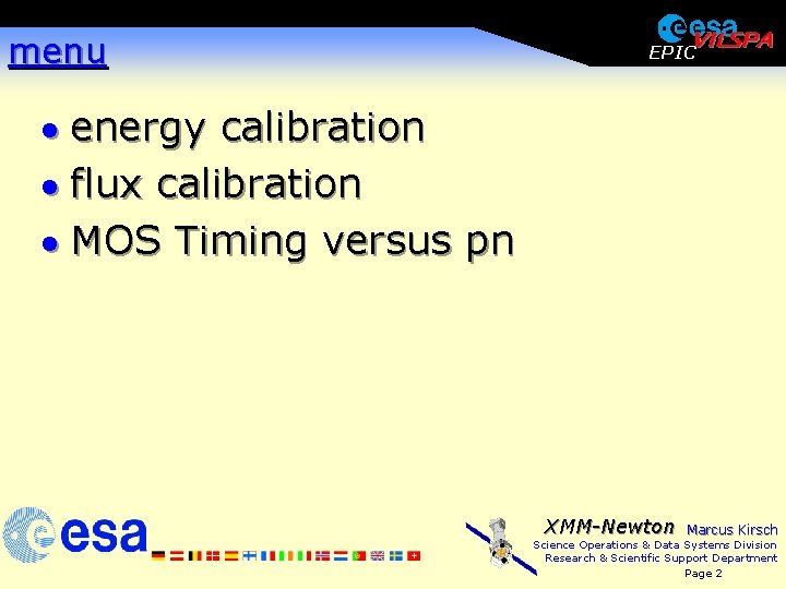 menu EPIC · energy calibration · flux calibration · MOS Timing versus pn XMM-Newton