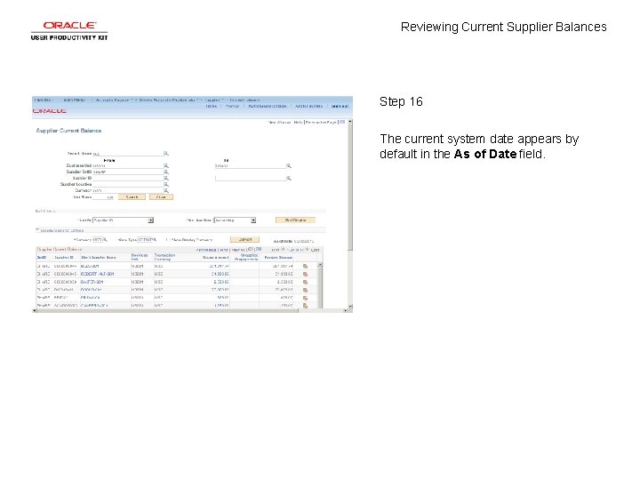 Reviewing Current Supplier Balances Step 16 The current system date appears by default in