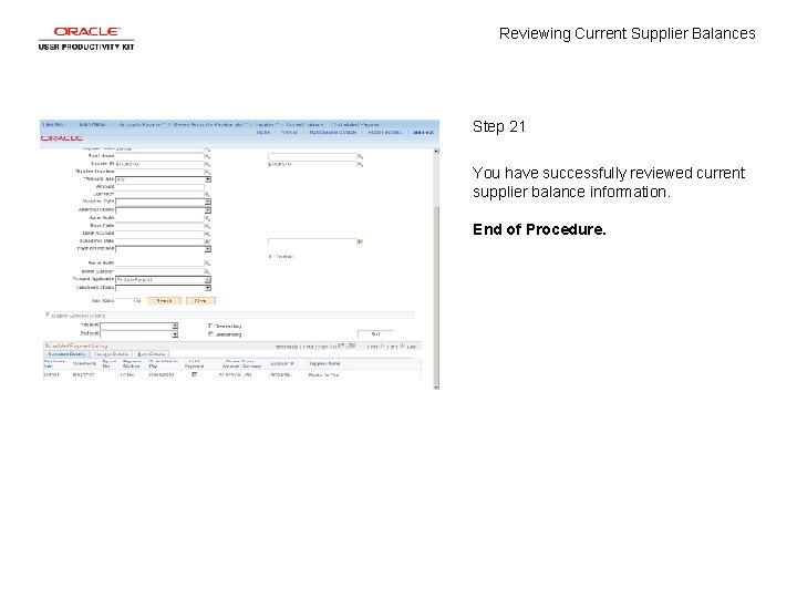 Reviewing Current Supplier Balances Step 21 You have successfully reviewed current supplier balance information.