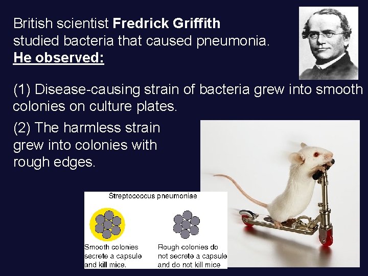 British scientist Fredrick Griffith studied bacteria that caused pneumonia. He observed: (1) Disease-causing strain