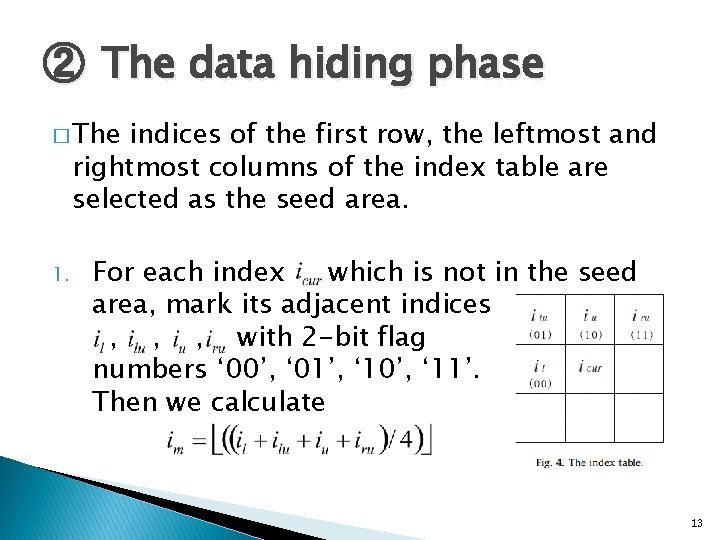 ② The data hiding phase � The indices of the first row, the leftmost