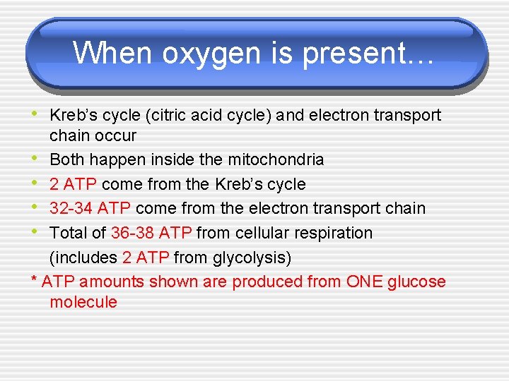 When oxygen is present… • Kreb’s cycle (citric acid cycle) and electron transport chain