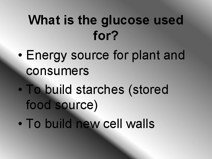 What is the glucose used for? • Energy source for plant and consumers •