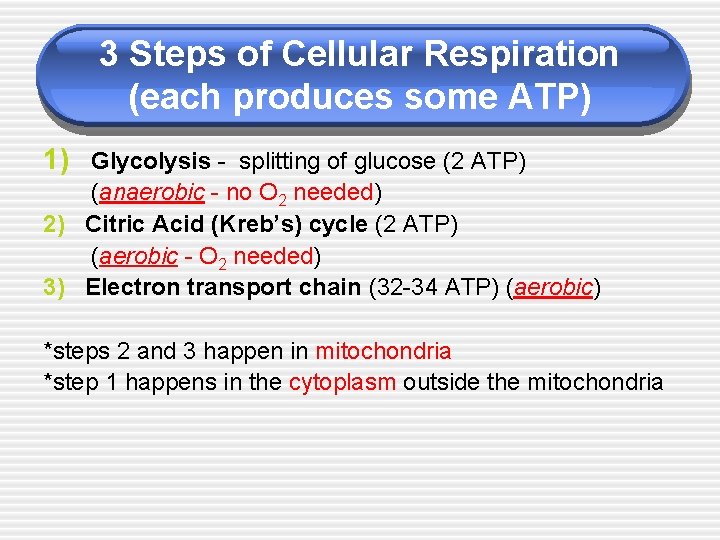 3 Steps of Cellular Respiration (each produces some ATP) 1) Glycolysis - splitting of