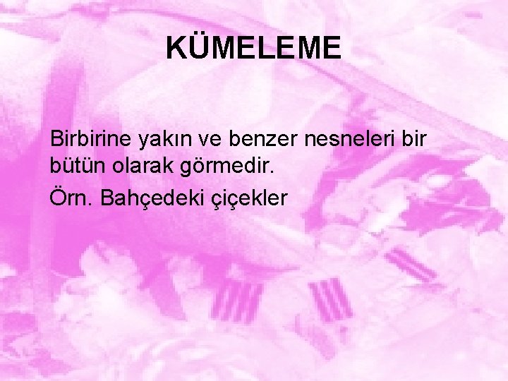 KÜMELEME Birbirine yakın ve benzer nesneleri bir bütün olarak görmedir. Örn. Bahçedeki çiçekler 