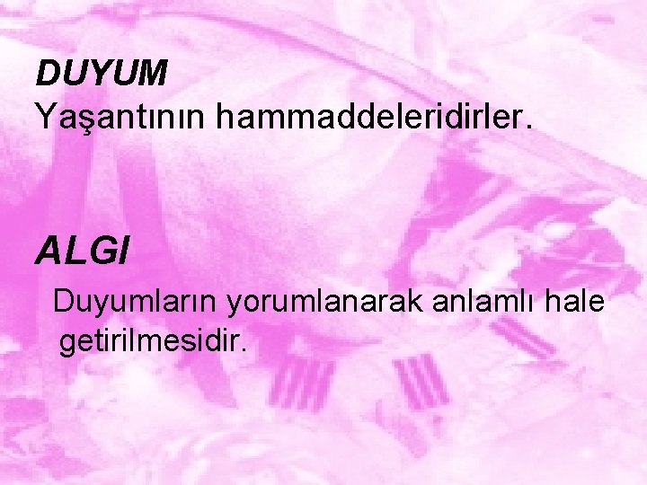 DUYUM Yaşantının hammaddeleridirler. ALGI Duyumların yorumlanarak anlamlı hale getirilmesidir. 