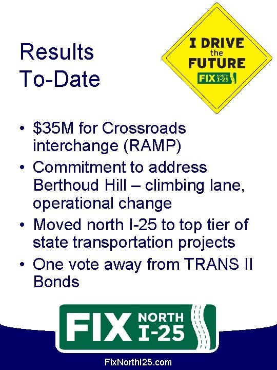 Results To-Date • $35 M for Crossroads interchange (RAMP) • Commitment to address Berthoud