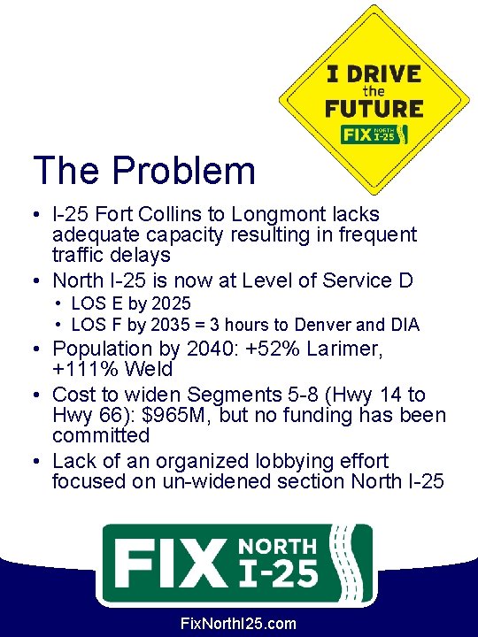 The Problem • I-25 Fort Collins to Longmont lacks adequate capacity resulting in frequent