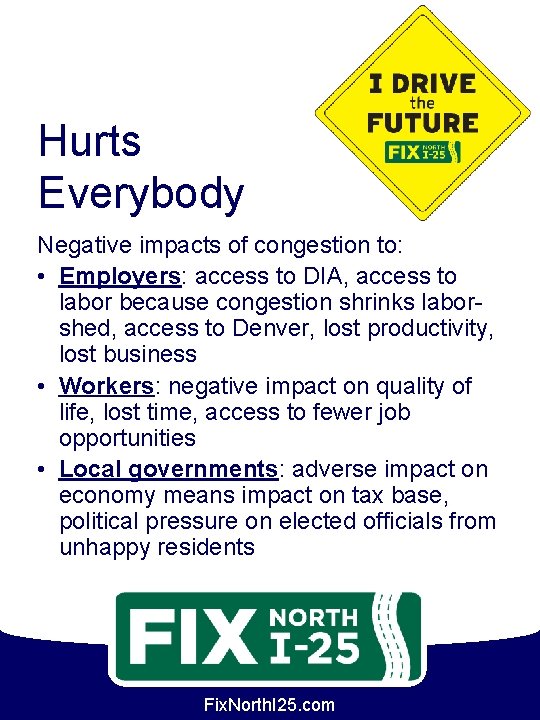 Hurts Everybody Negative impacts of congestion to: • Employers: access to DIA, access to