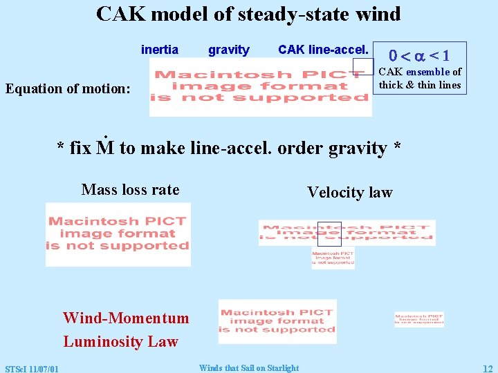CAK model of steady-state wind inertia gravity CAK line-accel. 0<a<1 CAK ensemble of thick