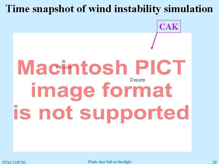 Time snapshot of wind instability simulation CAK Velocity Density STSc. I 11/07/01 Winds that