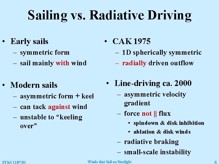 Sailing vs. Radiative Driving • Early sails • CAK 1975 – symmetric form –