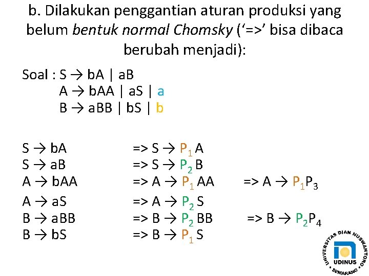 b. Dilakukan penggantian aturan produksi yang belum bentuk normal Chomsky (‘=>’ bisa dibaca berubah